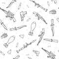 Seamless pattern with different weapon scattered by doodle. Handmade bombs Royalty Free Stock Photo