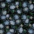 Seamless pattern of different white and blue peony flowers