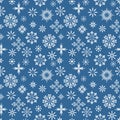 Seamless pattern. Different white snowflakes on a deep blue background. Winter texture for print, wallpaper, home decor, textile Royalty Free Stock Photo