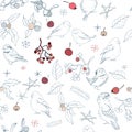 Seamless pattern with different wild winter birds and Christmas symbols. Endless texture with festive elements for season design Royalty Free Stock Photo