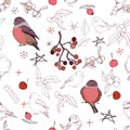 Seamless pattern with different wild winter birds and Christmas symbols. Endless texture with festive elements for season design Royalty Free Stock Photo