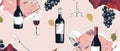 Seamless pattern with different wine bottles, grapes, wine glasses, and corkscrew. All hand drawn in modern format. Royalty Free Stock Photo