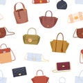 Seamless pattern with different women bags, handbags, purses and clutches on white background. Endless repeating Royalty Free Stock Photo