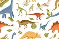 Seamless pattern with dinos and leaves on white background. Kids design of endless texture of Jurassic park with various