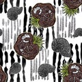 Seamless pattern - Dinosaurs fossils and ammonites on vertical brush strokes lines Royalty Free Stock Photo