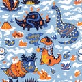 Seamless pattern with dinosaurs with gifts and garland. Creative holidays background. Vector Illustration