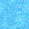 Seamless illustration with dinosaurs and leaves, contoured animals on blue background