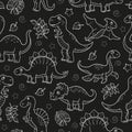 Seamless illustration with dinosaurs and leaves, contoured animals on dark background