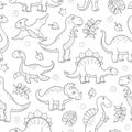 Seamless illustration with dinosaurs and leaves, contoured animals on white background