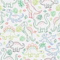 Seamless illustration with dinosaurs and leaves, contoured animals on white background