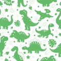 Seamless illustration with dinosaurs and leaves, green silhouettes icons on a white background