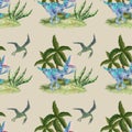 Seamless pattern with dinosaurs and palm trees vintage illustration,