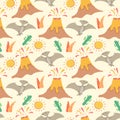 Seamless pattern with dinosaurs, palms and volcanoes. Perfect for kids fabric, textile, nursery wallpaper