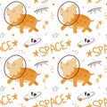 Seamless pattern with dinosaurs in space, drawn elements in a flat style. Handwritten inscription. Dinosaurs with