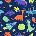 Seamless pattern of dinosaurs traveling in space