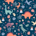 Seamless pattern with dinosaurs and tropical leaves and flowers. Perfect for kids fabric, textile, wallpaper. Cute dino