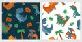 Seamless pattern with dinosaurs. Vector colorful flat icon isolated Royalty Free Stock Photo