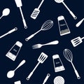 Seamless pattern: dishes and cutlery in white on a blue background.