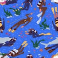 Seamless pattern, divers under water. Scuba diving in sea, repeating print. People in aqualung swimming underwater