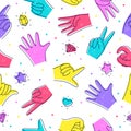 Seamless pattern with Diverse Hands. Illustration in doodle style. Designation of hands, gestures isolated on white