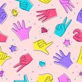 Seamless pattern with Diverse Hands. Illustration in doodle style. Designation of numbers with hands, gestures. Flat