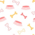 Seamless pattern with dog bones. Colored dog bones and food bowls background. Perfect for printing on fabric, clothing, wrapping