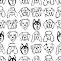 Seamless pattern with Dog breeds. Bulldog, Husky, Alaskan Malamute, Retriever, Doberman, Poodle, Pug, Shar Pei