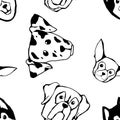 Seamless pattern with Dog breeds. Bulldog, Husky, Alaskan Malamute, Retriever, Doberman, Poodle, Pug, Shar Pei