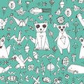 Seamless pattern with Dog cat fox fish birds sea animals and plants, Black outline on blue green background, doodle decorative ele Royalty Free Stock Photo