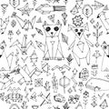 Seamless pattern with Dog cat fox fish birds sea animals and plants, Black outline on white background, doodle decorative elements Royalty Free Stock Photo