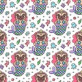 Seamless pattern with dog pug in a mermaid costume.