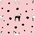 Seamless pattern of dogs on soft pink background. Dalmatian. Vector illustration.