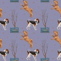 Seamless pattern with dogs, a tree and flying leaves on a lilac background.