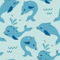 Seamless pattern with dolphin. Marine theme, ocean. Suitable for fabric, wallpaper, clothing, baby print. Vector cute blue Royalty Free Stock Photo