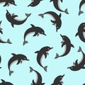 Seamless pattern with dolphins, blue background. Ideal solution for fabric and packaging design