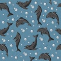 Seamless pattern with dolphins and bubbles ,Vector Royalty Free Stock Photo