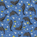 Seamless pattern with dolphins, fish and bubbles ,Vector Royalty Free Stock Photo