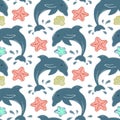 Seamless pattern, dolphins and starfishes on a white background. Marine animal. Children\'s textiles, print Royalty Free Stock Photo