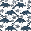 Seamless pattern, dolphins and starfishes on a white background. Marine animal. Children\'s textiles, print Royalty Free Stock Photo