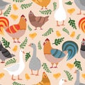 Seamless pattern with domestic birds. Roosters, hens, chickens and geese