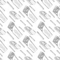 Seamless pattern with doner kebab chicken roll pitta bread with french fries on white background. Vector hand drawn sketch