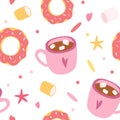 Seamless Pattern Donut and Coffee Cup. Seamless pattern for fabric, wallpaper, banner or wrapping paper. Hand drawn style. Cute