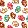 Seamless pattern with donuts in cartoon style. Summer background design for bakery. Vector illustration on a white Royalty Free Stock Photo