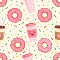 Seamless pattern with donuts and cheerful glasses of drinks. Vector illustration for fabrics, textures, wallpapers