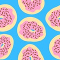 Seamless pattern of donuts chocolate sprinkles, pink cream and wheat base in cartoon flat style