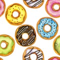 Seamless pattern with donuts drawing in watercolor