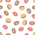 Seamless pattern with donuts with glaze on a white background.