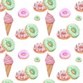 Seamless pattern with donuts and ice-cream. watercolor painted elements for your design. Royalty Free Stock Photo