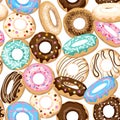 Seamless pattern of donuts with icing, sprinkles, black and white chocolate. Set of colorful doughnut on white background. Cartoon Royalty Free Stock Photo