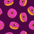 Seamless pattern with donuts with pink icing. Background for cafes, restaurants, coffee shops, catering.